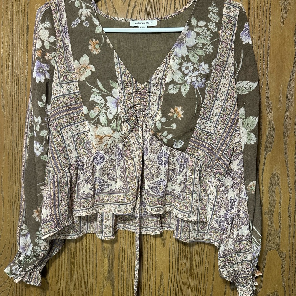 American Eagle Outfitters Brown Floral Patchwork V-Neck Peplum Blouse